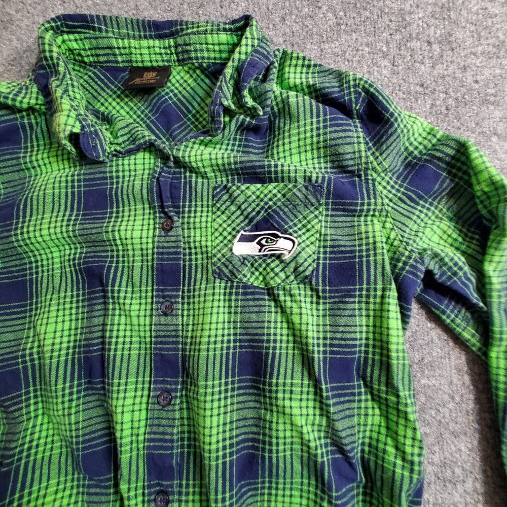 NFL Seattle Seahawks Womens Green Plaid Button Down Shirt Juniors Collection XL